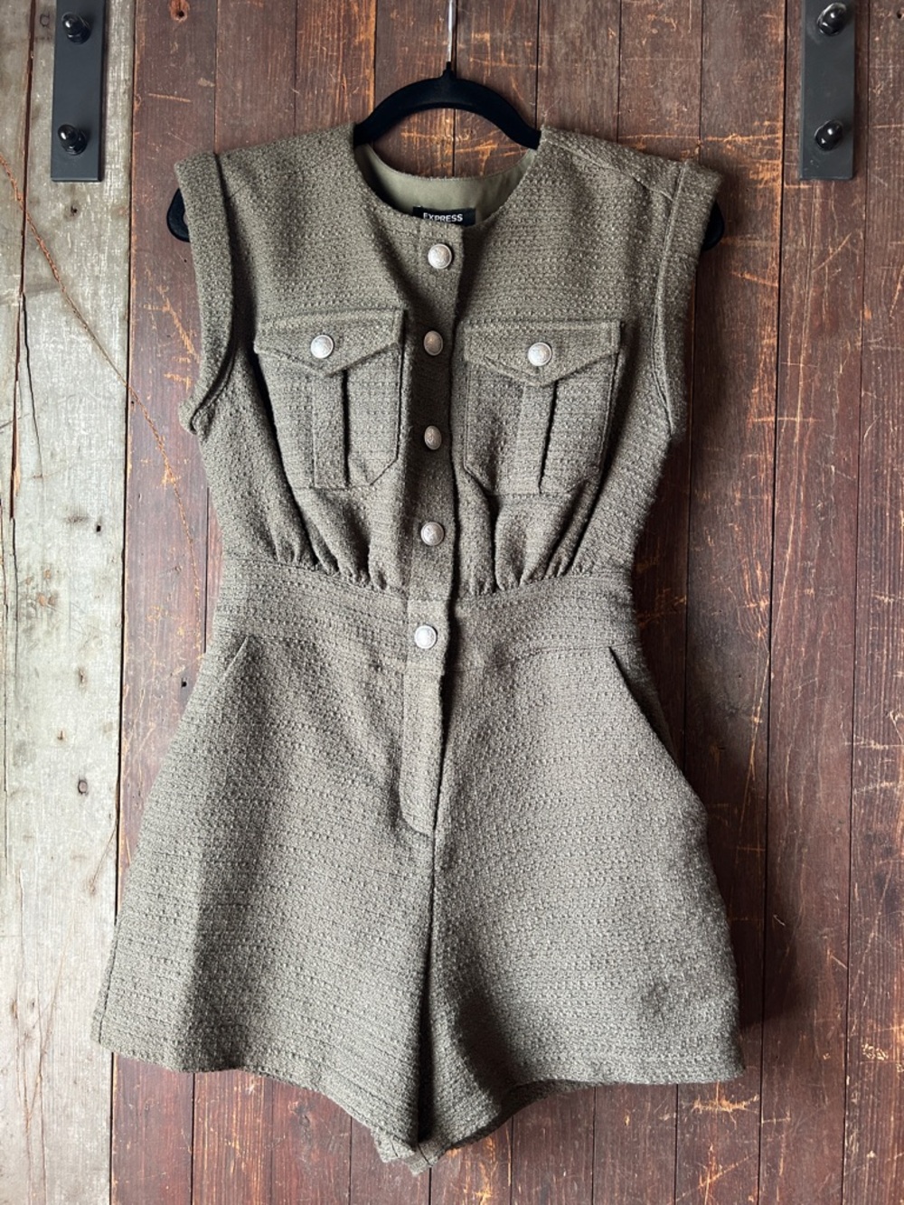 Express Olive Green Textured Sleeveless Romper